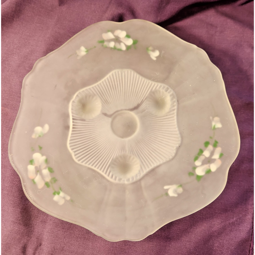 VTG Lancaster Frosted Depression Glass Shallow 3-Footed Dish Hand Painted Flower